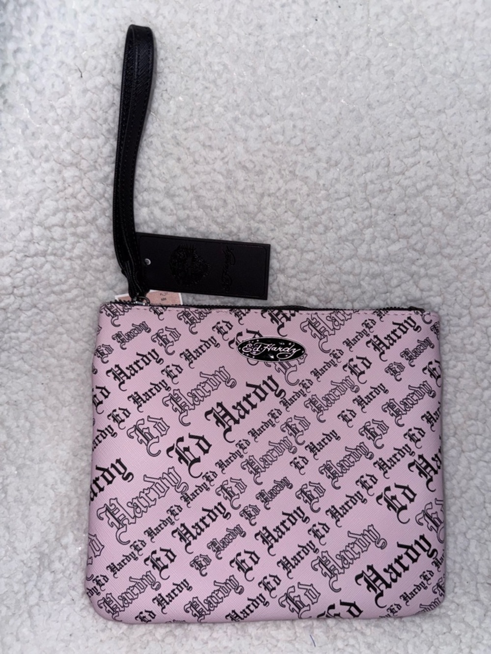 NWT Ed Hardy Light Pink Logo Print Wristlet with Black Strap